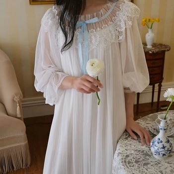 2020 Naują Pavasario ir Rudens Princesė Vėjo Nėrinių Nightdress Moterų prancūzijos Palace Homewear Balta Mėlyna Didelio Dydžio Chalatą, S, XL