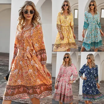 Dizaineris 2021 m. Vasaros Mados Moterų Bohemiškas Stilius Gėlių Spausdinti Suknelė Trijų Moterų Ketvirtį Rankovės-Line Sijonas Aukščiausios Kokybės