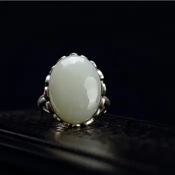 Natūralus baltas jade ovalo atidaryti žiedas Kinijos retro šviesos prabangių dizainerio modelį meistriškumo žavesio moterų sidabro papuošalai