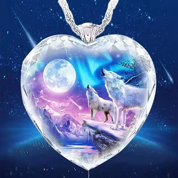 Elegantiškas Gyvūnų Vilkas Mergina Karoliai Moterų Gamtos Širdies Kristalinis Mėnulis Pakabukas Karoliai Vestuvės Vestuvinis Papuošalų 2021
