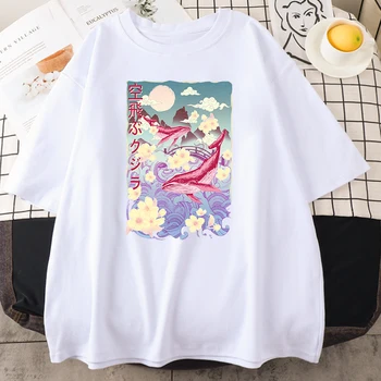 Japonų Tapyba Banginis Spausdinimo Moterų Marškinėliai, Laisvalaikio Trumpomis Rankovėmis Viršūnės Apvalios Kaklo Marškinėliai Kvėpuojantis Negabaritinių Vyrų T-Shirts