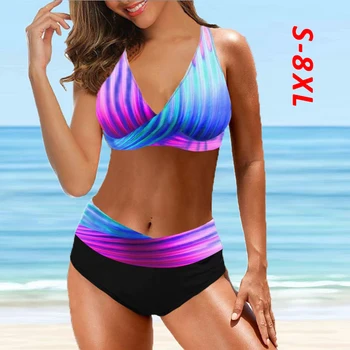 2021 Naujas Plus Size 8XL Dryžuotas Bikini Komplektas Push Up Moterų Aukšto Juosmens Paplūdimio Rankšluosčiai Retro Maudymosi Kostiumą Plaukimo Kostiumas