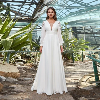 2021 Kuklus Plius Dydis Vestuvių Suknelė Užsakymą V-Kaklo, Ilgomis Rankovėmis, Nėriniai Varčias Linijos Šifono Atgal Jungiamąją Paplūdimio Boho Vestuvinės Suknelės