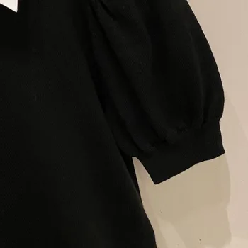 Moterų Megzti marškinėliai 2021 m. Ankstyvą Pavasarį, Naujų Trumpas Sluoksniuotos Rankovėmis Megztinis Juodas Knited Ponios Atvartas Dizaino T-shirt Viršūnes Moteris