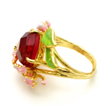 Gėlių formos rožinė kristalų emalio žiedai moterims, raudonos brangakmenių derliaus aukso spalvos papuošalai bijoux šalies aksesuarai dovanos