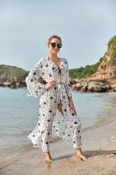 2021 Šifono Paplūdimio Cover Up New Star Spausdinimo Susagstomi Megztiniai Nuo Saulės Bikini Maudymosi Kostiumą, Padengti Ups, Spausdinimo Maxi Paplūdimio Vien Suknelė
