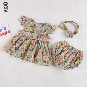 Korėjos Japonija Stiliaus Kūdikių Mergaičių Drabužių Rinkiniai Suknelė Viršūnes+ PP Šortai Vasarą Kūdikių Mergaičių Medvilnės Gėlių trumpomis rankovėmis Drabužius Kostiumas