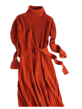 Megztinis suknelė vidurio ilgai stiliaus rudens / žiemos 2020 m. Europos ir Amerikos mados slim ilgos rankovės vientisos spalvos megzta suknelė