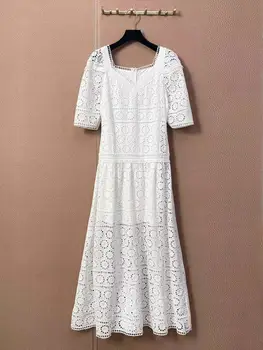 Kilimo Ir Tūpimo Tako Mados Siuvinėjimo Suknelė Moterims 2021 M. Vasarą Tuščiaviduriai Iš Pusė Rankovėmis V-Kaklo, Elegantiškas Šalis Balta Ilga Suknelė