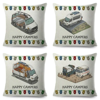 Happy Camper Van Gyvenimo Pagalvės užvalkalą Dekoro Cartoon Namas Kelionės Automobilių Pagalvėlė Padengti Sofa Namų Vaikų Kambario 45x45cm Užvalkalas