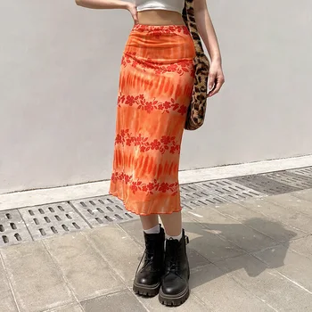 Tossy Akies tie Dažai Midi Sijonas Y2K Orange Spausdinti Vasaros Mielas Aukšto Liemens Sijonai Streetwear 2021 Mados Holiday Beach Apačioje