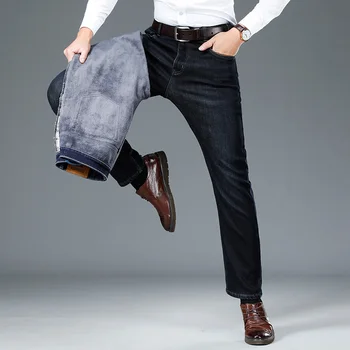 BAO SHAN Prabanga, aukštos kokybės žieminiai šiltas džinsai klasikiniai kišenėje siuvinėjimas verslo atsitiktinis vyrų straight fit denim džinsai