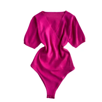 2021 m. Vasarą Naujas Megztas Megztinis Marškinėliai Moterims Kirto V-kaklo trumpomis Rankovėmis Megztiniai Plonas Bodysuits Džemperiai ir Puloveriai Viršūnes Moterų