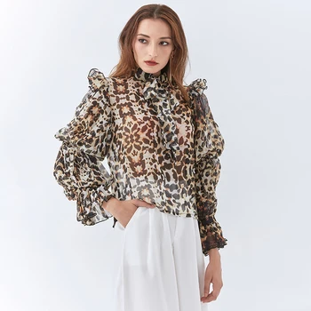 TWOTWINSTYLE Perspektyvos Leopardas Spausdinti Marškinėliai Moterims Stovėti Apykakle ilgomis Rankovėmis Kratinys Pynimas Atsitiktinis Palaidinė Moteriška Mada