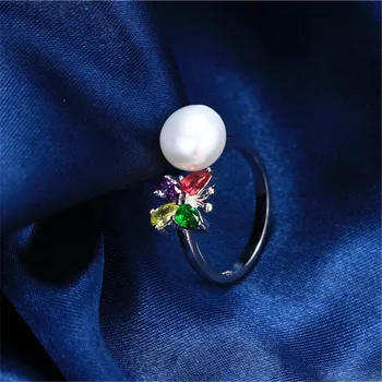 Keturios spalvos cirkonio butterf natūralių gėlavandenių perlų žiedas moterims, dovana, 925 sterlingas sidabro moterų reguliuojamas žiedas papuošalai