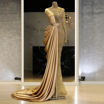 Aukso Undinė Vienos Rankovės arabų Vakaro Dress Satino & Tiulio Elegantiškas Ruched Dress Moterų Vestuves Labai Puošnios