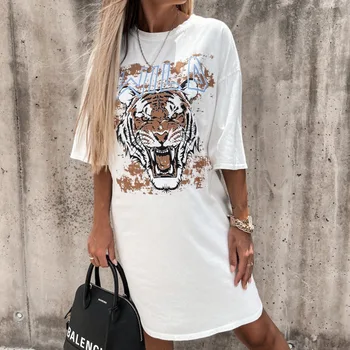 2021 Vintage Chaki Riaumojimas Tigras Spausdinti Grafinis Tee Negabaritinių T Shirts O-kaklo Atsitiktinis Marškinėliai Suknelė Vasaros Japonijos korėjiečių Mados