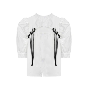 Moterų prancūzijos Sluoksniuotos Rankovėmis Palaidinė Bowknot Balti trumpomis Rankovėmis Marškiniai 2021 M. Vasaros Naujo Dizaino Prasme Nišą Viršų