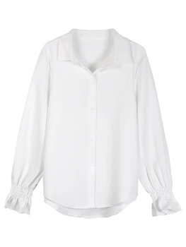 Moterų Pavasarį, Rudenį Preppy Stiliaus Baltos spalvos Marškinėliai Kieto Spalvų Atvartas Apykaklės Blyksnius Rankovėmis Chic Visos Rungtynės Tiesiai Palaidinės Moteris