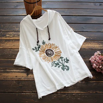 8958New vasaros moteriškų drabužių korėjos stiliaus priemiestinių prarasti trumpomis rankovėmis su gobtuvu raišteliu embroideryTT marškinėliai atsitiktinis viršų