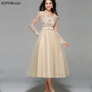 Naujas Atvykimo Elegantiškas vakarinę Suknelę 2021 V-Kaklo Šampano Tiulio Nėrinių Appliqued Kristalų Arbata-Ilgis ilgomis Rankovėmis Vestidos de Fiesta