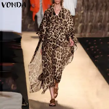 Bohemijos Leopard Suknelė Moterims Derliaus Spausdinami Šalies Midi Šalis Suknelė 2021 VONDA Atsitiktinis Vestidos Skraiste Femme Sundress