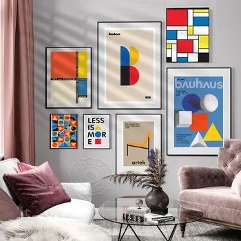 Bauhaus Stiliaus Plakatą, kad Mažiau yra Daugiau, Sienų Lipdukai, Raudona Geltona Mėlyna Geometrinis Spaudinių Plakatas, Kiki Kėdė Derliaus Meno Dekoro