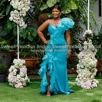 Sky Blue Undinė Bridesmaid Dresses Raukiniai Spageti Dirželis Aukštos Padalinta Africn Moteris Ilgai Tarnaitė Garbės Suknelė Šalis Suknelė