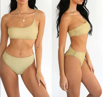Vasarą Moterys Seksualus Aukso Bikini Komplektas Spindinčiais Blizgučiais Vieną Petį Tvarstis Paminkštinta Push Up Brolis Maudymosi Paplūdimio Rankšluosčiai Holidaywear