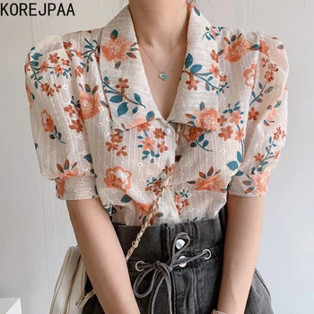 Korejpaa Moterų Marškinėliai 2021 M. Vasarą Korėjos Elegantiškos Ponios Atvartas Single-Breasted Išsiuvinėti Išpjovą Palaidų Gėlių Sluoksniuotos Rankovėmis Palaidinės
