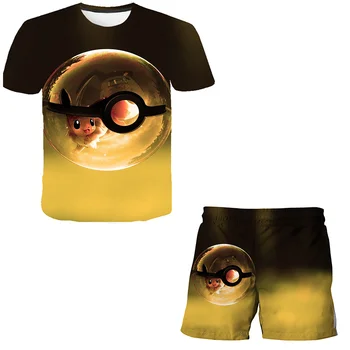 Japonijos Anime Pokemon T marškiniai, Vaikiški marškinėliai & Šortai 2vnt Berniukų Marškinėliai Mergaičių marškinėliai Animacinių filmų Aprangą 4-14 Metų Vaikams Rinkiniai