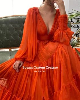 Booma Paprasta Oranžinės Spalvos Šifono Keltas Suknelės Ilgomis Rankovėmis Giliai V-Kaklo, Plisuotos Vakaro Suknelės-Line Vestuves Chalatai, Plius Dydis