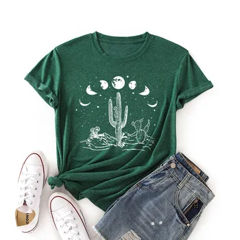 Medvilnės Marškinėliai Voguish Mėnulis Kaktusas Print T Shirt Moterims, O Kaklas Trumpas Rankovėmis Tee Vasarą Moterys Marškinėlius Rožinė Viršūnės