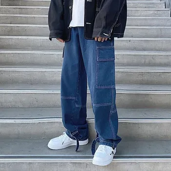 Vyriški vientisos Spalvos Tiesiai Haremas Džinsai korėjos Žmogus Laisvas Džinsinio audinio Kelnės Streetwear Vyriškos Laisvalaikio Kelnės