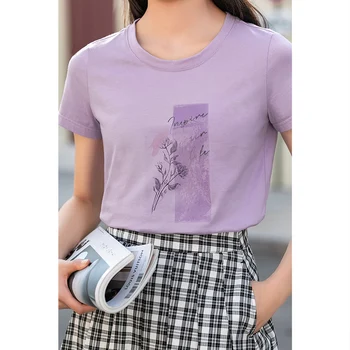 INMAN Vasarą Moterys T-Shirt Literatūros Laisvalaikio Stiliaus Augalų anglų Letter Spausdinimo Apvalios Apykaklės Medvilnės Trumpas Rankovėmis Staight Viršų