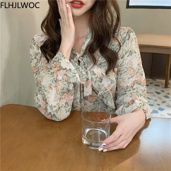 2021 M. Vasarą, Rudenį Korėja Prašmatnus Viršūnes Blusas Mergaitė Šalia Durų Mados Stilius Moterims Gėlių Spausdinti Šifono Viena Breasted Mygtuką Marškinėliai