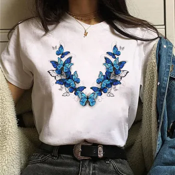 Naujausias Streetwear Moterų Tee Gražus Mėlynas Drugelis Grafika 90s Atsitiktinis Pavasario Vasaros Harajuku T-shirt
