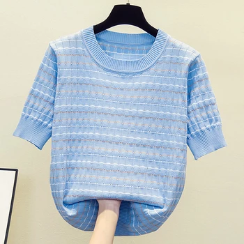 Didelio dydžio moterų Juostele kint Vasaros megztinis prarasti atsitiktinis trumpas rankovės o kaklo kint moterų megztinis Negabaritinių megztinis viršuje 2021