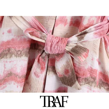 TRAF Moterų Mados Su Diržo tie Dažai Prarasti Kimono Palaidinės Derliaus Trys Ketvirtį Rankovės Pusėje Ritininės Moterų Marškiniai, Elegantiškos Viršų