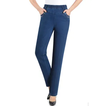 2020 mados pavasario vasaros džinsus vidutinio amžiaus moteris elastinga juosmens džinsai tiesūs pants plus size aukšto juosmens atsitiktinis kelnės 3394