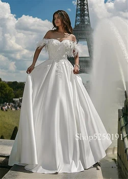 Elegantiškos Satino Off-the-pečių Iškirpte A-line Wedding Dresses Plunksnų Nuotakos Suknelė Nėriniai Atgal vestido de noiva renda