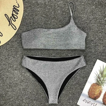 Vasarą Moterys Seksualus Aukso Bikini Komplektas Spindinčiais Blizgučiais Vieną Petį Tvarstis Paminkštinta Push Up Brolis Maudymosi Paplūdimio Rankšluosčiai Holidaywear
