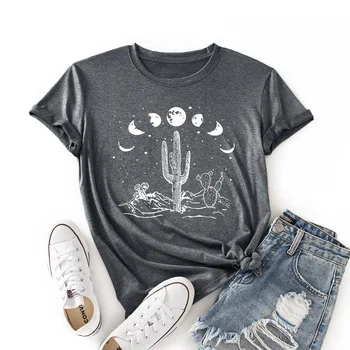 Medvilnės Marškinėliai Voguish Mėnulis Kaktusas Print T Shirt Moterims, O Kaklas Trumpas Rankovėmis Tee Vasarą Moterys Marškinėlius Rožinė Viršūnės